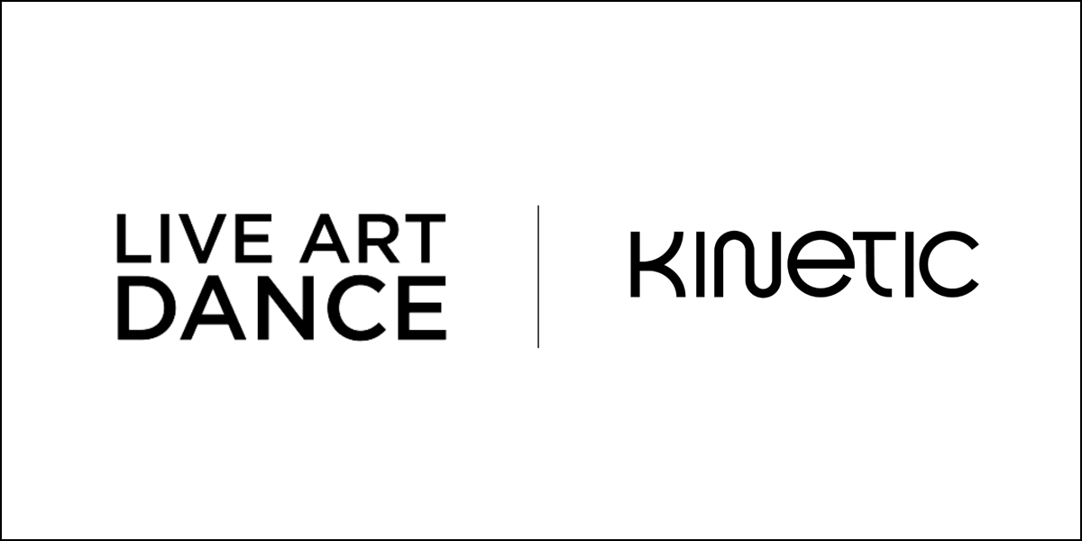 Live Art Dance: Kinetic: Showcase of Atlantic Canadian Artists: two black logos against a white background. The logo on the left says "live art dance" and the logo on the right says "Kinetic"